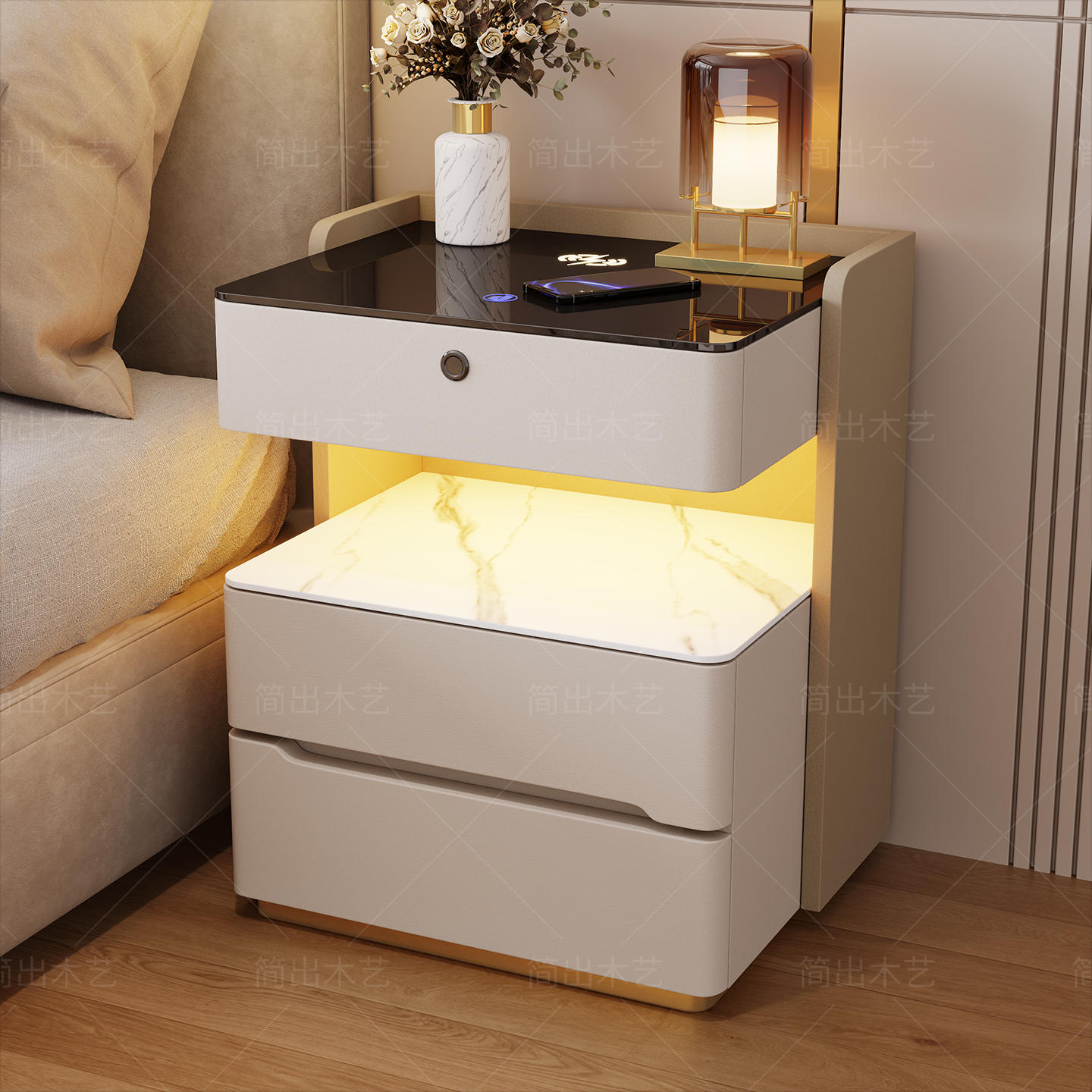 Nodic Light Luxury Smart Bedroom Nightstand with Wireless Charging Fingerprint Lock& Ambient Light - Image 2