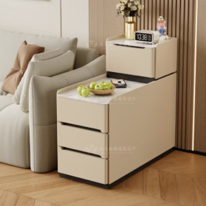 Cream Tiered Side Table with White Stone Tabletop Multi Drawer Sofa Side Storage Cabinet