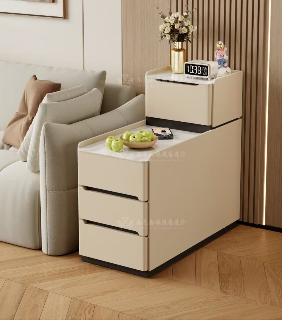 Cream Tiered Side Table with White Stone Tabletop Multi Drawer Sofa Side Storage Cabinet