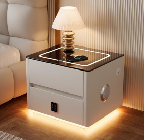 White Square Smart Nightstand with LED Lighted Glass Top, 2-Drawer Bedside Table with Digital Password Lock
