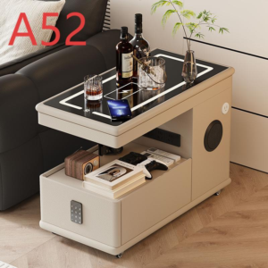 Beige Lift Top Side Table with LED Glass Surface Sliding Storage Drawer Digital Password Lock and Universal Wheels