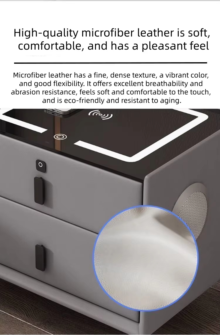 Light Gray Smart Bedside Table with LED Ambient Light & Wireless Charging Top, Modern 2-Drawer Solid Wood Storage Nightstand for Bedroom - Image 3