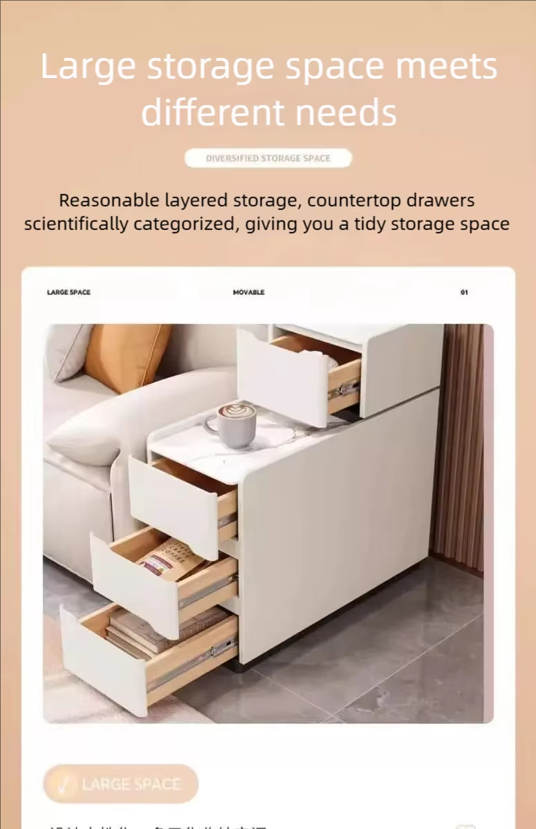 Cream Tiered Side Table with White Stone Tabletop Multi Drawer Sofa Side Storage Cabinet - Image 3