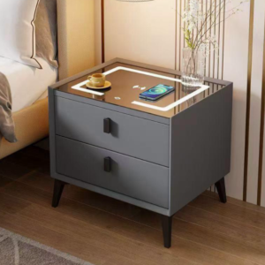 Light Gray Smart Bedside Table with LED Ambient Light & Wireless Charging Top, Modern 2-Drawer Solid Wood Storage Nightstand for Bedroom