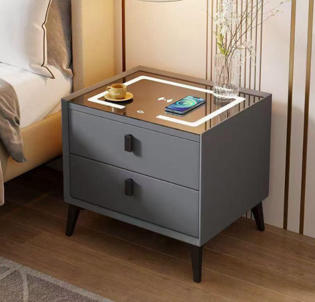 Light Gray Smart Bedside Table with LED Ambient Light & Wireless Charging Top, Modern 2-Drawer Solid Wood Storage Nightstand for Bedroom