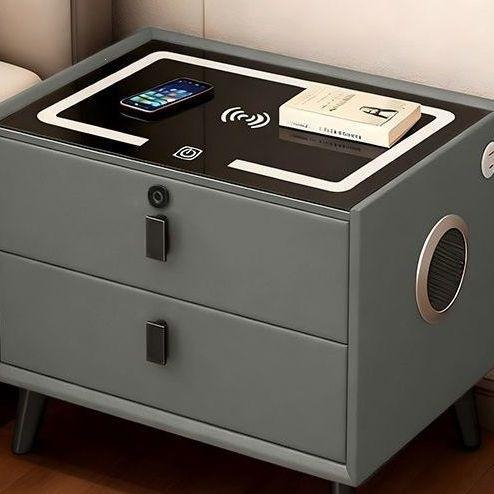 Light Gray Smart Bedside Table with LED Ambient Light & Wireless Charging Top, Modern 2-Drawer Solid Wood Storage Nightstand for Bedroom - Image 6