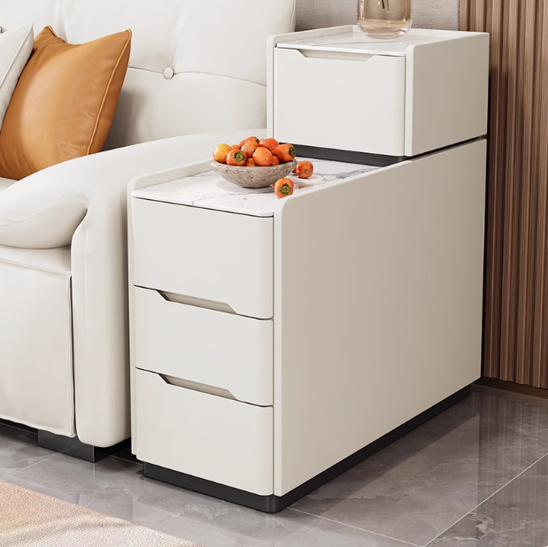 Cream Tiered Side Table with White Stone Tabletop Multi Drawer Sofa Side Storage Cabinet - Image 10