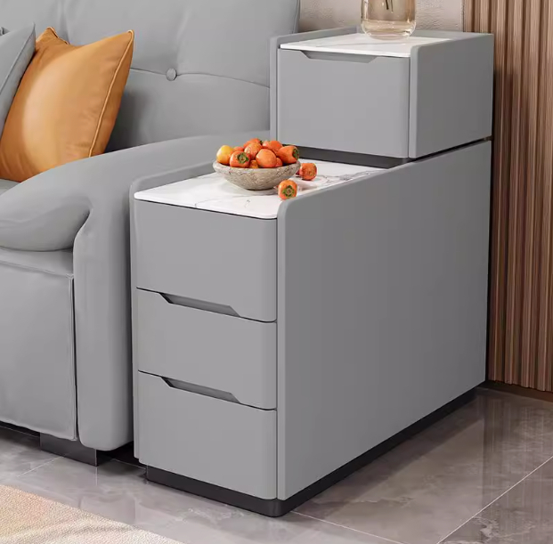 Cream Tiered Side Table with White Stone Tabletop Multi Drawer Sofa Side Storage Cabinet - Image 12