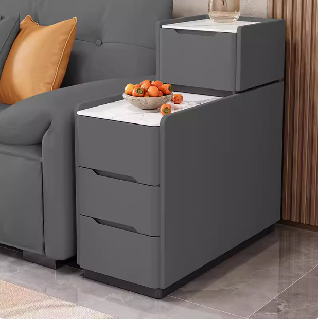 Cream Tiered Side Table with White Stone Tabletop Multi Drawer Sofa Side Storage Cabinet - Image 13