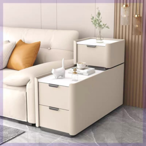 Soft Rounded Cream Asymmetric Tiered Side Table White Stone Tabletop Multi Drawer Sofa Side Storage Table
