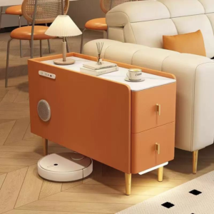 Rounded Edge Orange Leather Wrapped Side Table White Stone Top Two Drawer Sofa Side Table with Metallic Gold Legs