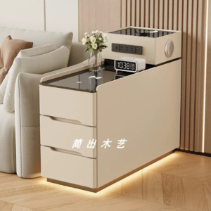 Modern Cream Tiered Smart Sofa Side Table Tempered Glass Top Three Storage Drawers with Built-in LED Ambient Light Strip