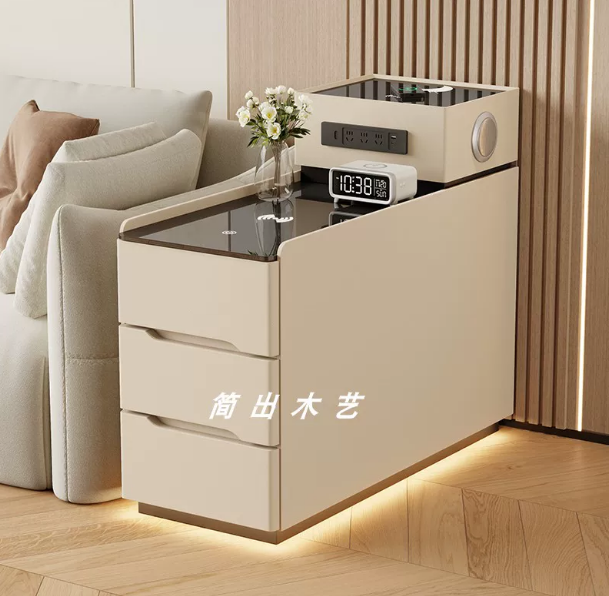 Modern Cream Tiered Smart Sofa Side Table Tempered Glass Top Three Storage Drawers with Built-in LED Ambient Light Strip