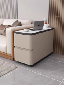 Modern Beige Upholstered Sofa Side Table Contrast Black Border White Stone Surface Two Drawer Storage Side Table