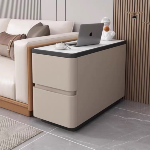 Modern Beige Upholstered Sofa Side Table Contrast Black Border White Stone Surface Two Drawer Storage Side Table