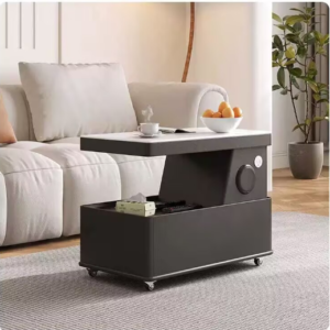 Black Z-Shaped Mobile Side Table White Stone Tabletop Open Storage Compartment with Universal Rolling Casters
