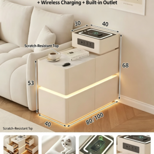 Modern Off White Tiered Smart Sofa Side Table Scratch Resistant Tabletop Multi Drawer Sofa Side Table with LED Light Strip Wireless Charging and Built-in Outlet
