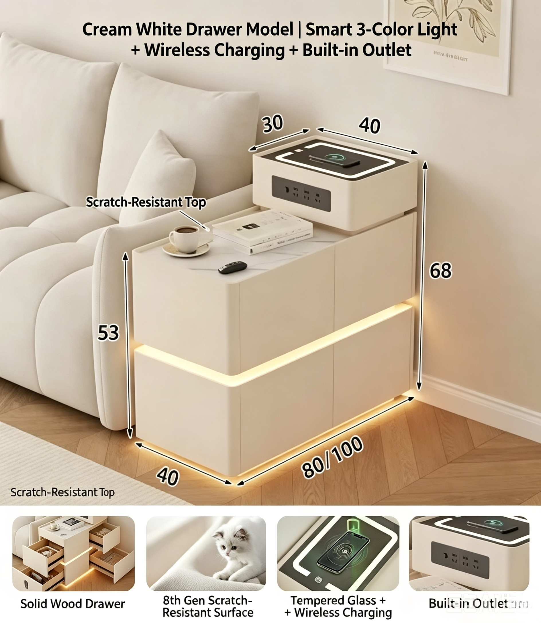 Modern Off White Tiered Smart Sofa Side Table Scratch Resistant Tabletop Multi Drawer Sofa Side Table with LED Light Strip Wireless Charging and Built-in Outlet