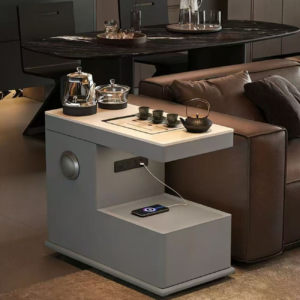 Modern Grey Asymmetric Side Table Two-Tone Light Stone Tabletop Sofa Side Table with Built-in Power Socket