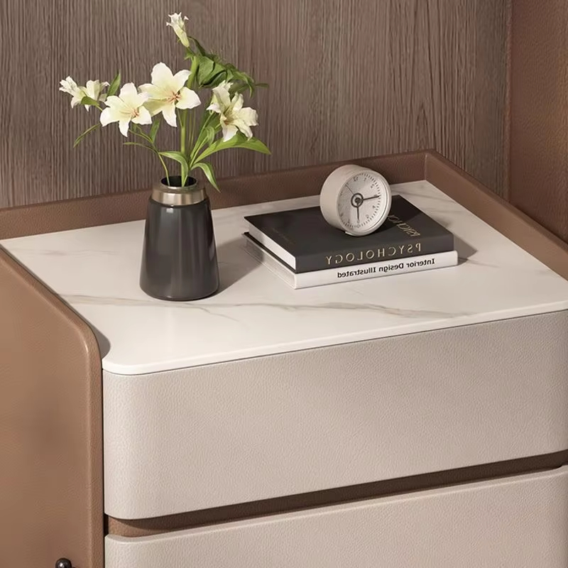 Modern Simple Two-Drawer Bedroom Storage Nightstand with Metal Support Legs Sintered Stone Top for Hotel or Home Use - Image 5