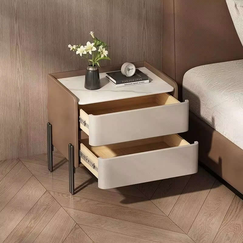 Modern Simple Two-Drawer Bedroom Storage Nightstand with Metal Support Legs Sintered Stone Top for Hotel or Home Use - Image 6