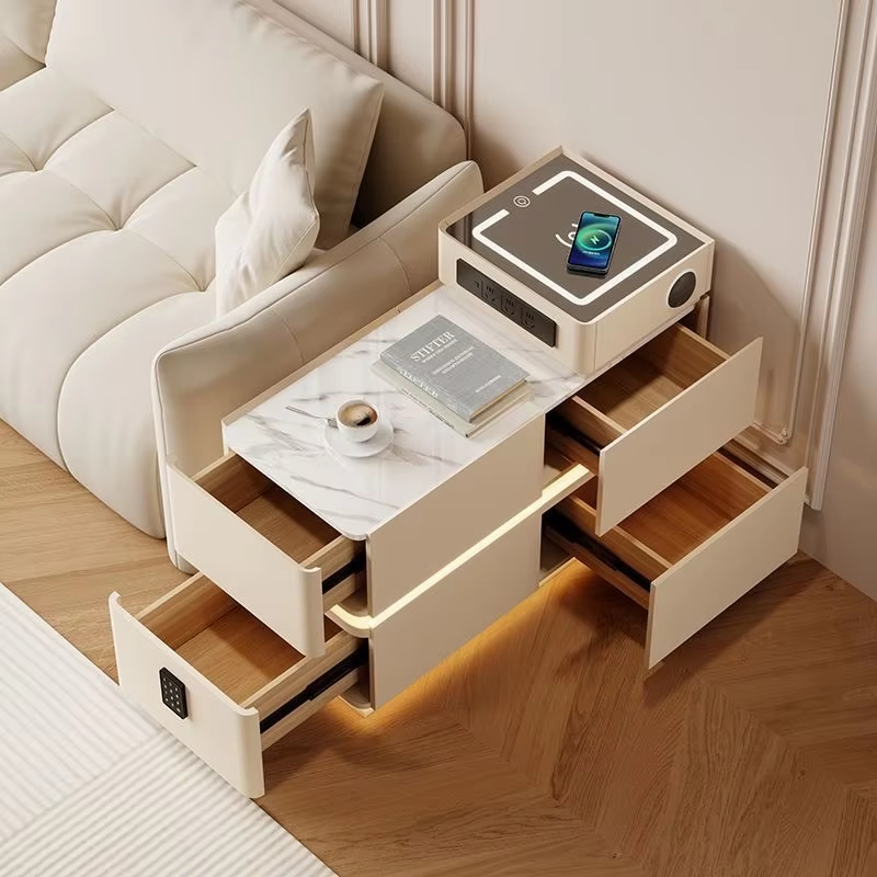 Modern Off White Tiered Smart Sofa Side Table Scratch Resistant Tabletop Multi Drawer Sofa Side Table with LED Light Strip Wireless Charging and Built-in Outlet - Image 3
