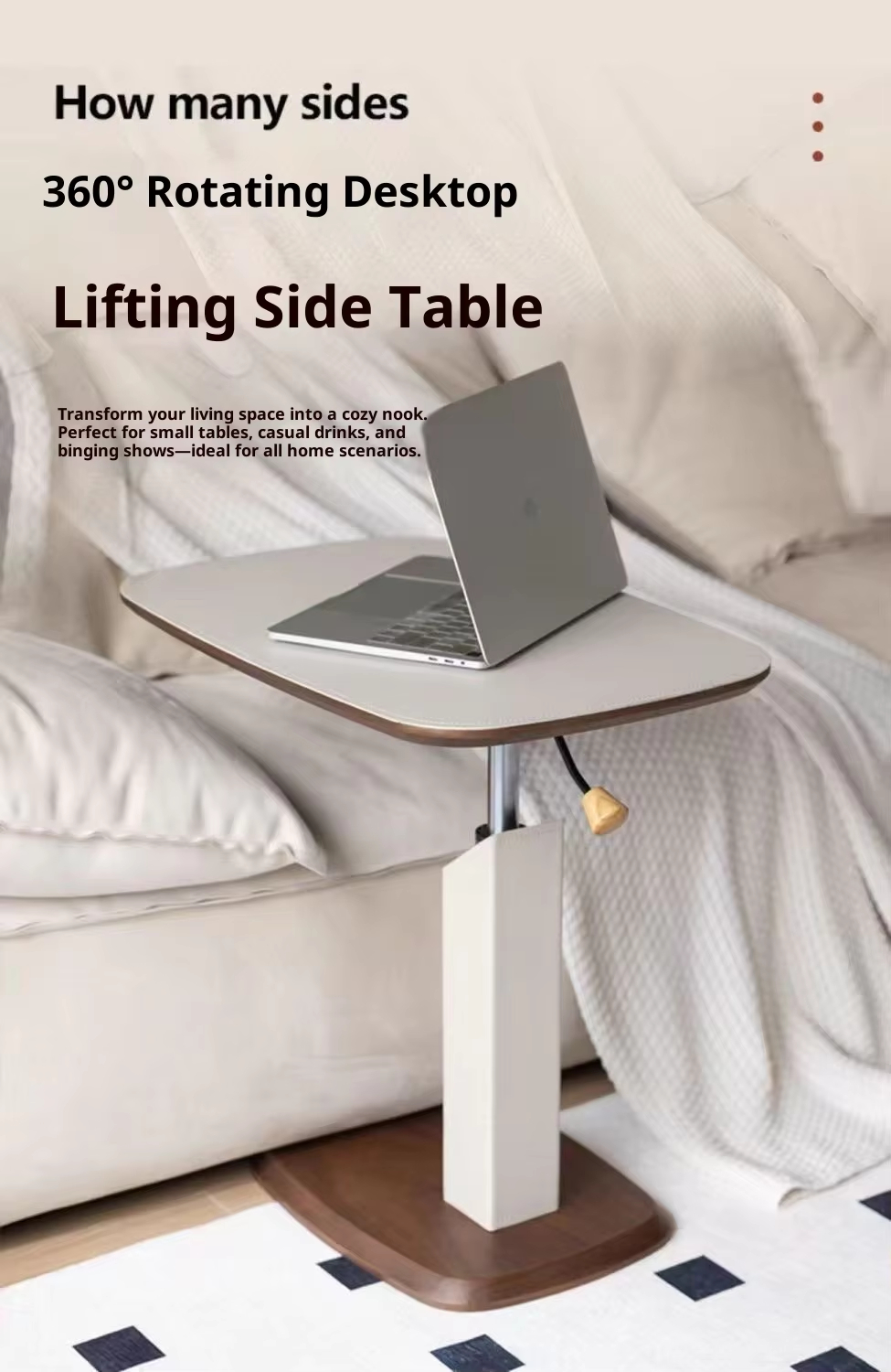 Adjustable Height Side Table with Wood Grain Top & Leather Wrapped Support, Modern C-Shaped Sofa End Table - Image 2