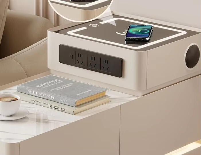 Modern Off White Tiered Smart Sofa Side Table Scratch Resistant Tabletop Multi Drawer Sofa Side Table with LED Light Strip Wireless Charging and Built-in Outlet - Image 4