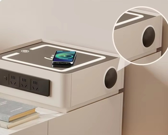 Modern Off White Tiered Smart Sofa Side Table Scratch Resistant Tabletop Multi Drawer Sofa Side Table with LED Light Strip Wireless Charging and Built-in Outlet - Image 5