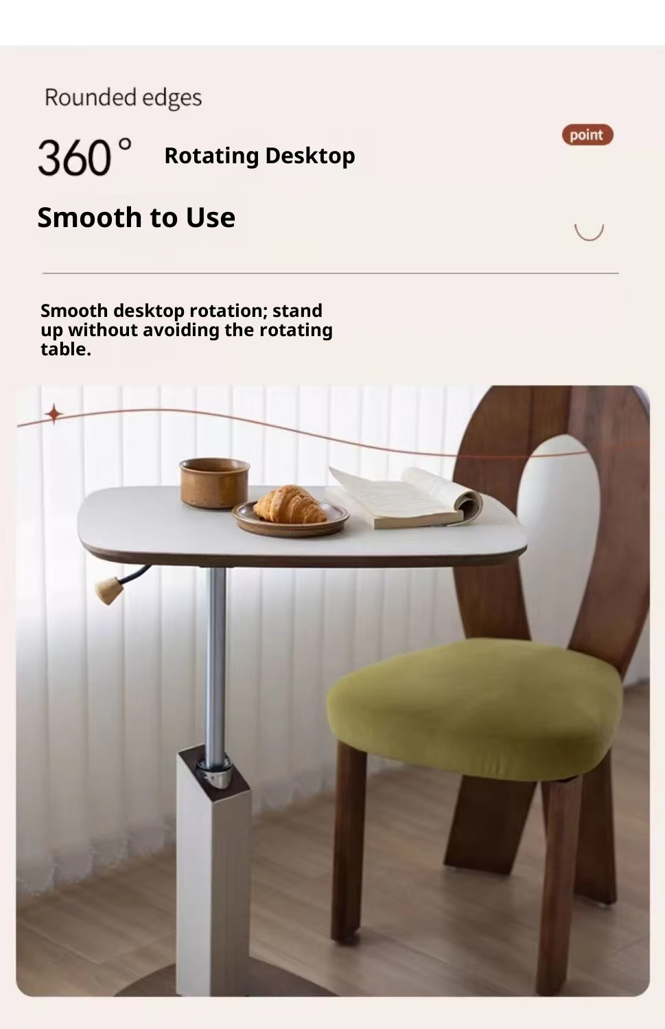 Adjustable Height Side Table with Wood Grain Top & Leather Wrapped Support, Modern C-Shaped Sofa End Table - Image 3