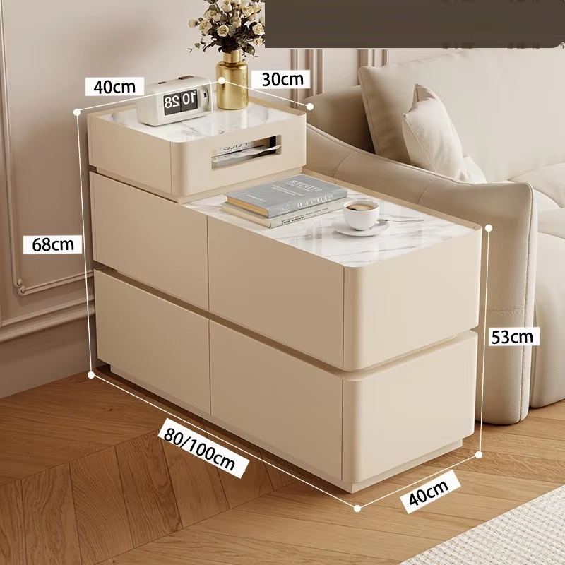 Modern Off White Tiered Smart Sofa Side Table Scratch Resistant Tabletop Multi Drawer Sofa Side Table with LED Light Strip Wireless Charging and Built-in Outlet - Image 7