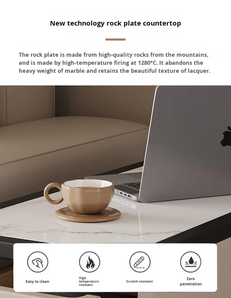 Modern Beige Upholstered Sofa Side Table Contrast Black Border White Stone Surface Two Drawer Storage Side Table - Image 3