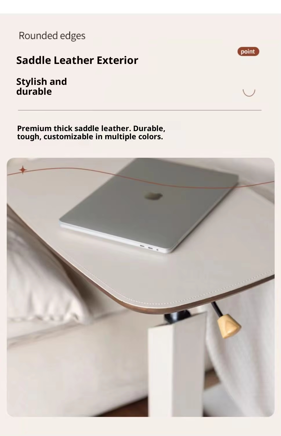 Adjustable Height Side Table with Wood Grain Top & Leather Wrapped Support, Modern C-Shaped Sofa End Table - Image 5