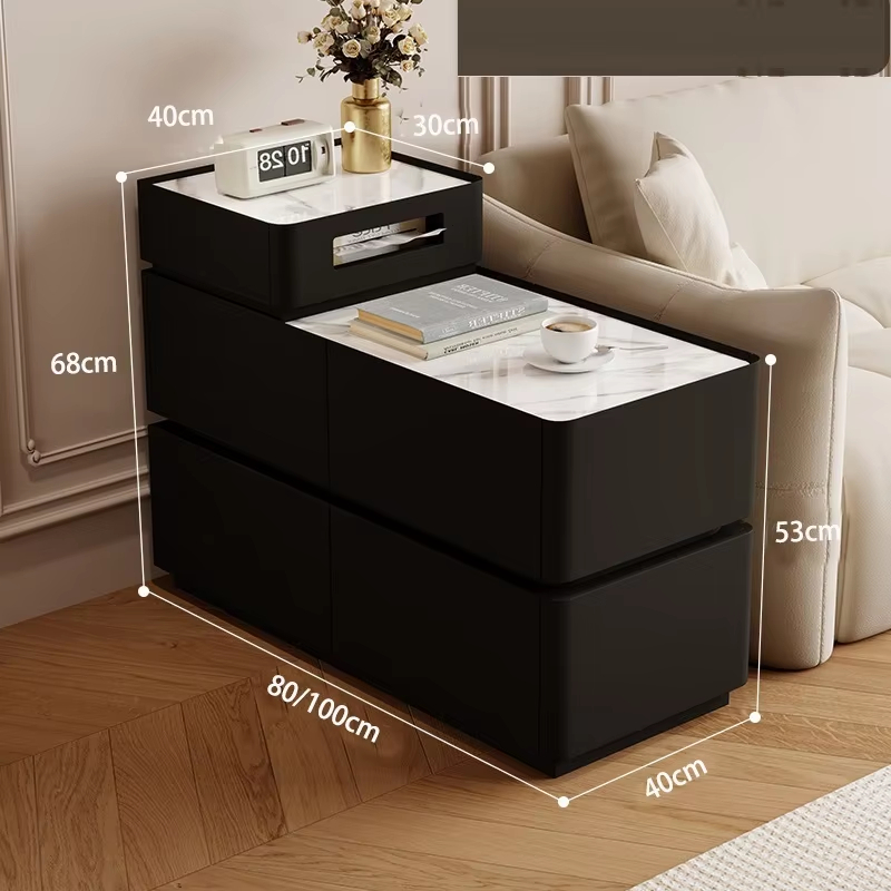 Modern Off White Tiered Smart Sofa Side Table Scratch Resistant Tabletop Multi Drawer Sofa Side Table with LED Light Strip Wireless Charging and Built-in Outlet - Image 8