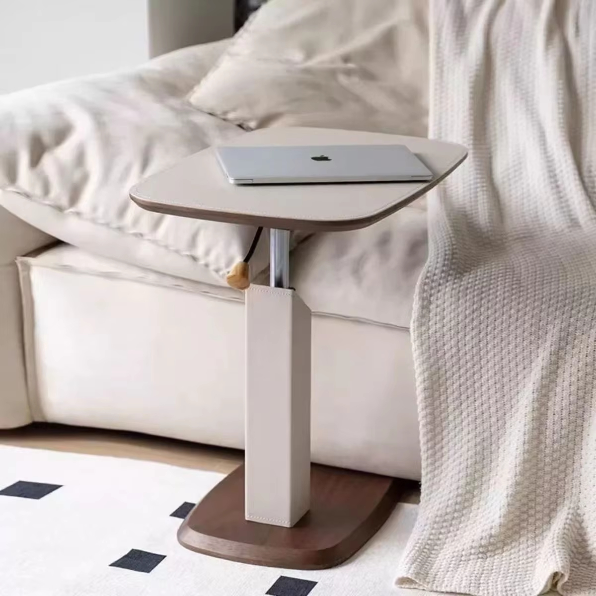 Adjustable Height Side Table with Wood Grain Top & Leather Wrapped Support, Modern C-Shaped Sofa End Table - Image 6