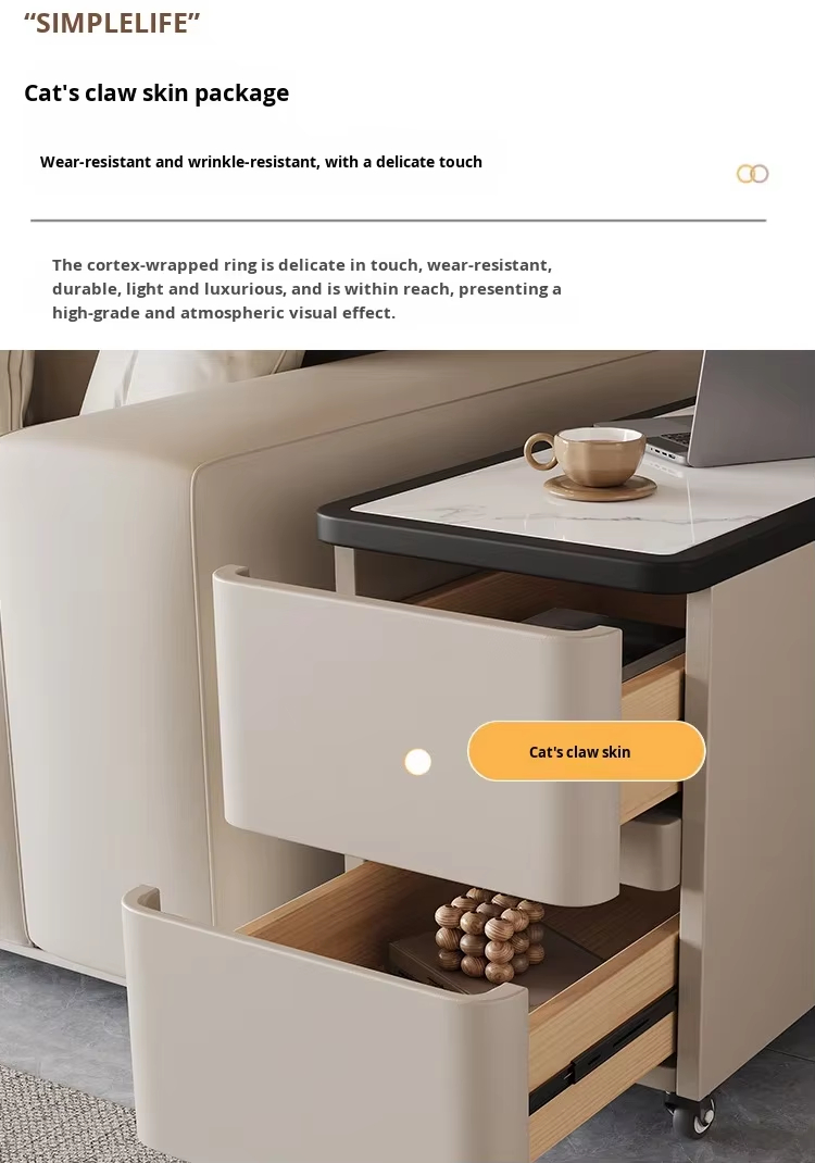 Modern Beige Upholstered Sofa Side Table Contrast Black Border White Stone Surface Two Drawer Storage Side Table - Image 5