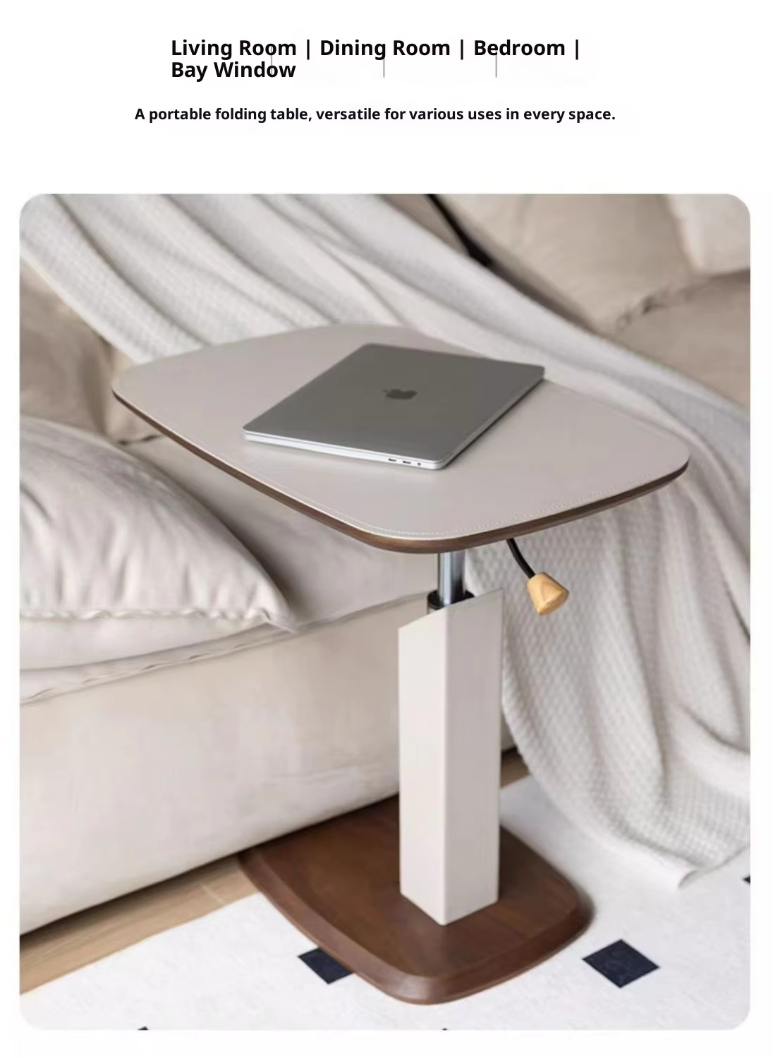 Adjustable Height Side Table with Wood Grain Top & Leather Wrapped Support, Modern C-Shaped Sofa End Table - Image 7