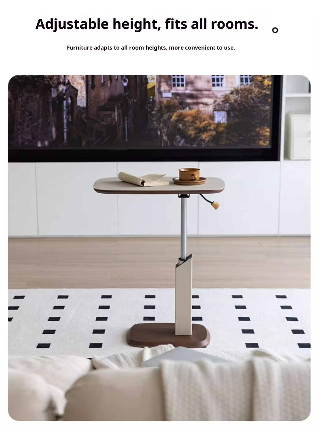 Adjustable Height Side Table with Wood Grain Top & Leather Wrapped Support, Modern C-Shaped Sofa End Table - Image 8