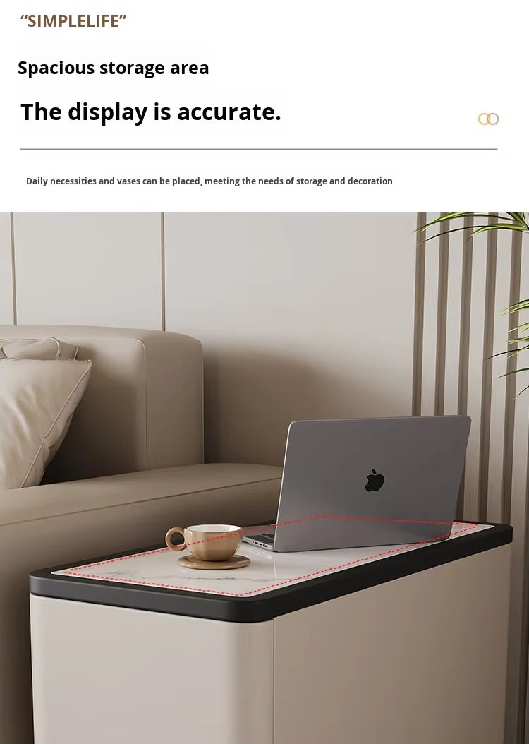 Modern Beige Upholstered Sofa Side Table Contrast Black Border White Stone Surface Two Drawer Storage Side Table - Image 7