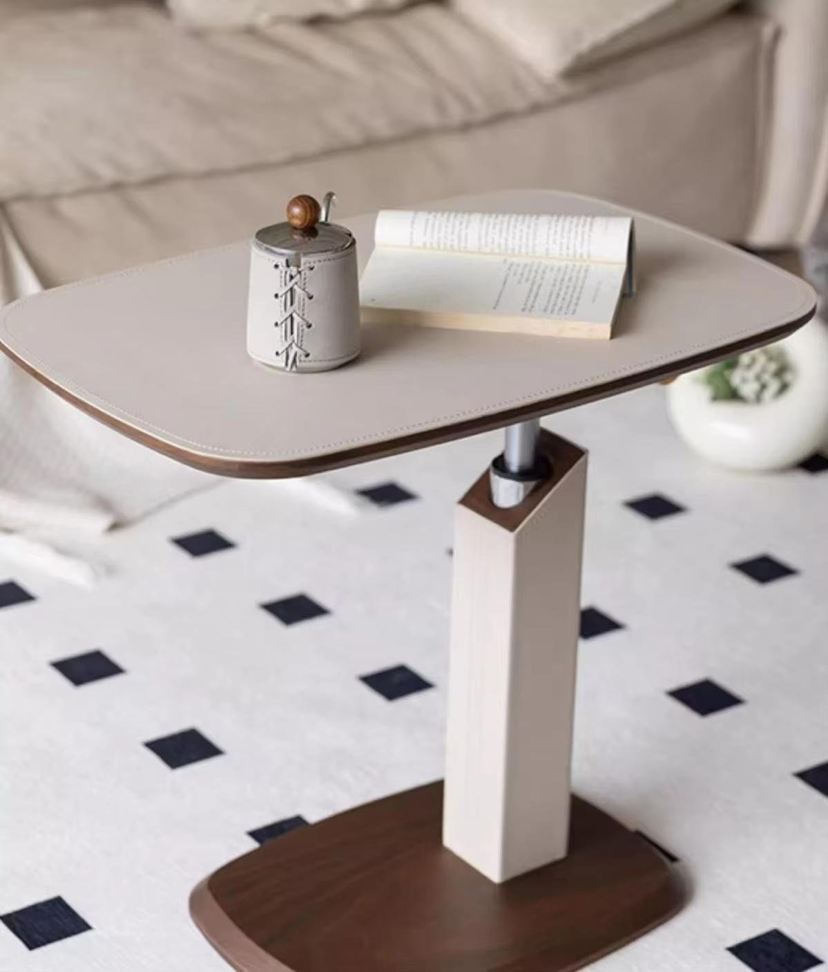 Adjustable Height Side Table with Wood Grain Top & Leather Wrapped Support, Modern C-Shaped Sofa End Table - Image 9