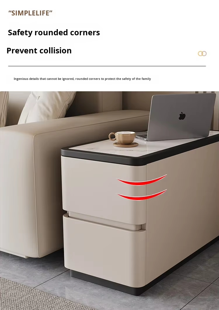 Modern Beige Upholstered Sofa Side Table Contrast Black Border White Stone Surface Two Drawer Storage Side Table - Image 8