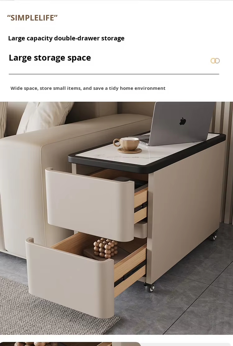 Modern Beige Upholstered Sofa Side Table Contrast Black Border White Stone Surface Two Drawer Storage Side Table - Image 9