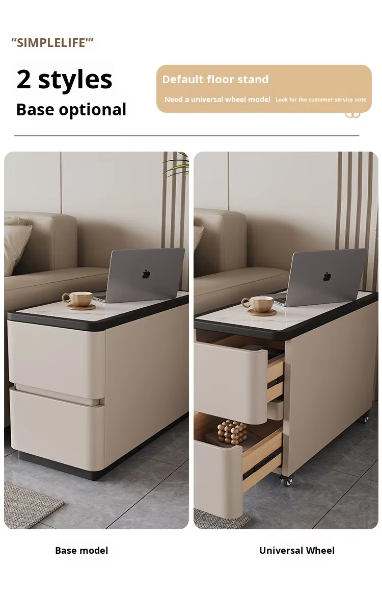 Modern Beige Upholstered Sofa Side Table Contrast Black Border White Stone Surface Two Drawer Storage Side Table - Image 11