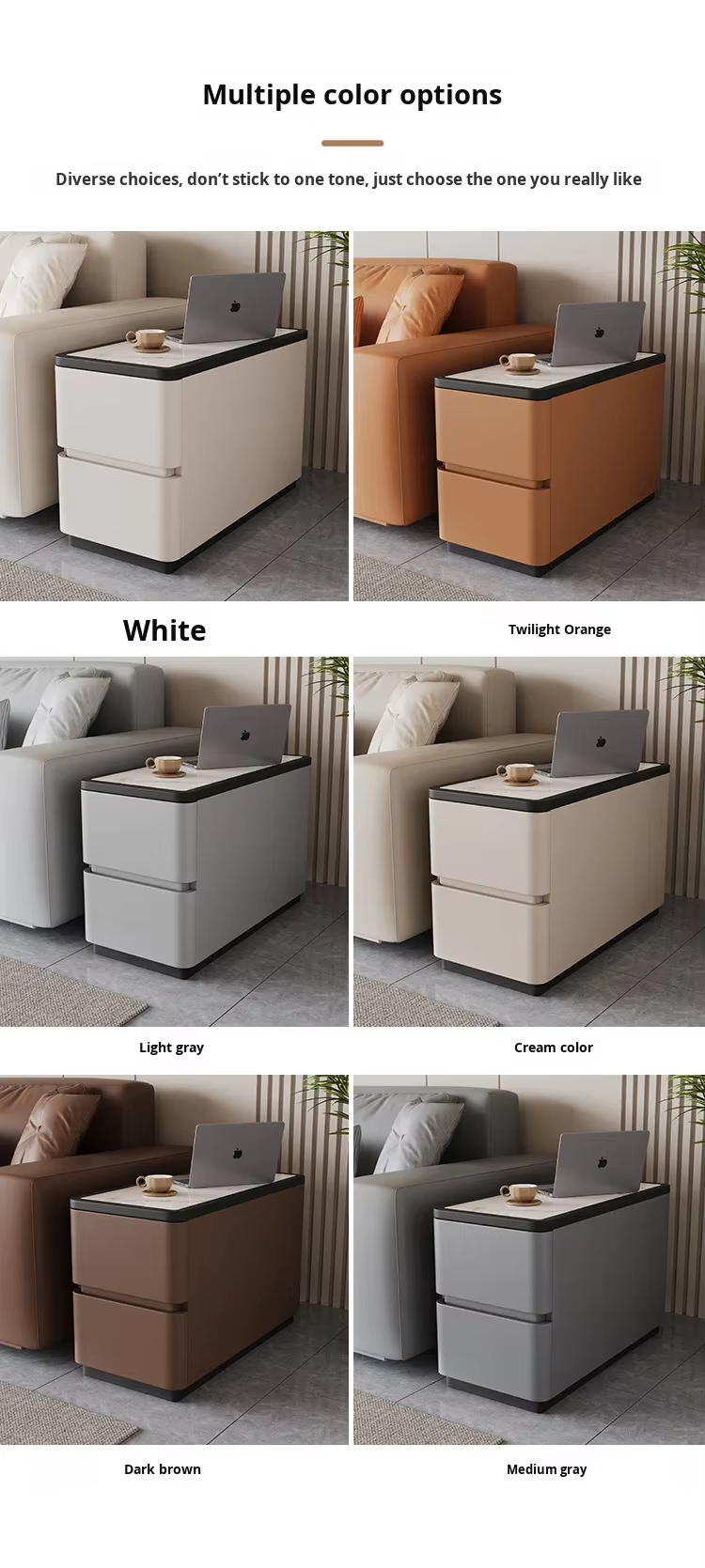 Modern Beige Upholstered Sofa Side Table Contrast Black Border White Stone Surface Two Drawer Storage Side Table - Image 12
