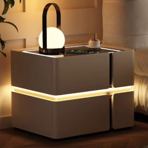 Dual-Tone Rounded Smart Nightstand with Layered Ambient LED Lighting, Multi-Drawer Modern Bedside Table