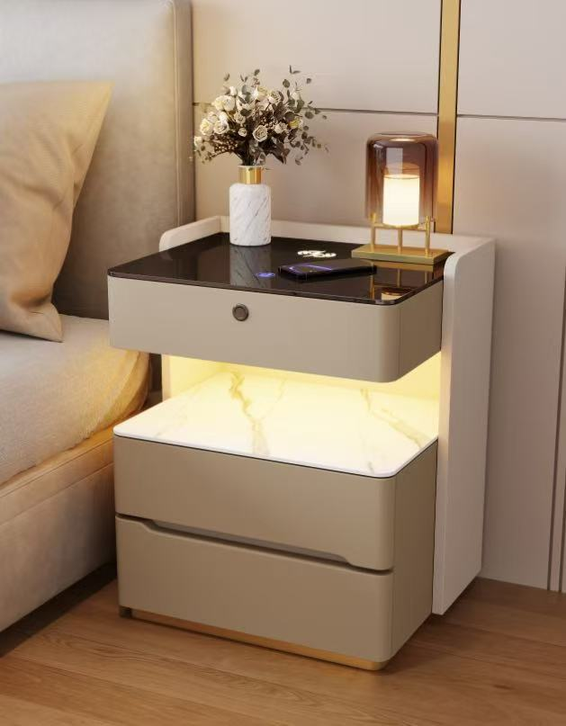Nodic Light Luxury Smart Bedroom Nightstand with Wireless Charging Fingerprint Lock& Ambient Light