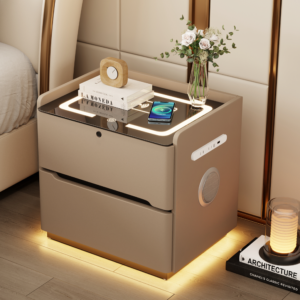 Light Luxury Versatile Nightstand with Wireless Charging Bluetooth Speaker Fingerprint Lock Storage Bedside Cabinet for Bedroom or Hotel