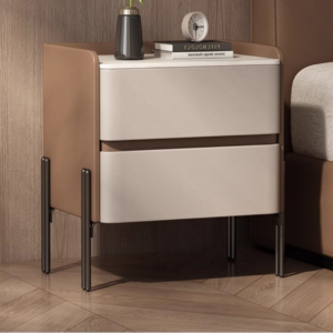 Modern Simple Two-Drawer Bedroom Storage Nightstand with Metal Support Legs Sintered Stone Top for Hotel or Home Use