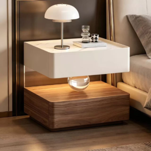 Sleek Two-Tier Floating Bedroom Storage Nightstand with Clear Crystal Decor Sensor Light Wireless Charging for Home or Hotel Use