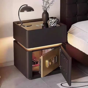 Smart Tempered Glass top Luxury Nightstand with Security Safe ,Wireless Charging Power Trip Bluetooth Speaker Home Bedroom Bedside Table